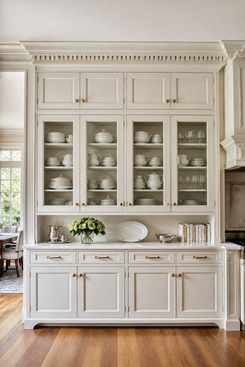 A stacked crown moulding assembly with dentil and ogee profiles completes the cabinetry elevation, transforming standard upper cabinets into the kind of architectural feature that earns the room its character.