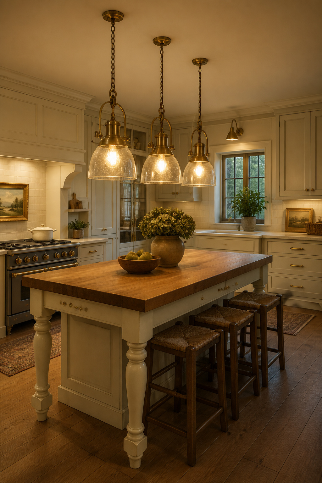 Three aged brass pendants with seeded amber glass shades clustered over a traditional kitchen island — the light source that sets the room's entire atmosphere and ties the brass material story together.