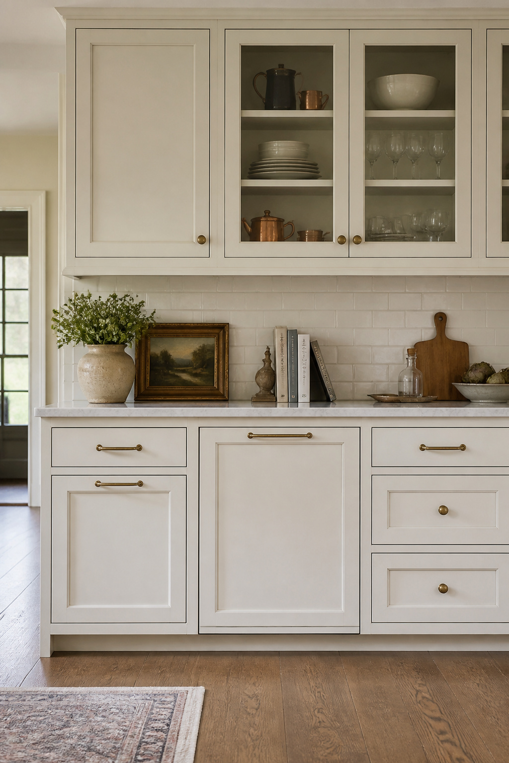 A dishwasher fronted with a matching cream raised-panel door panel — fully integrated into the cabinetry composition, invisible unless you know exactly where to look.