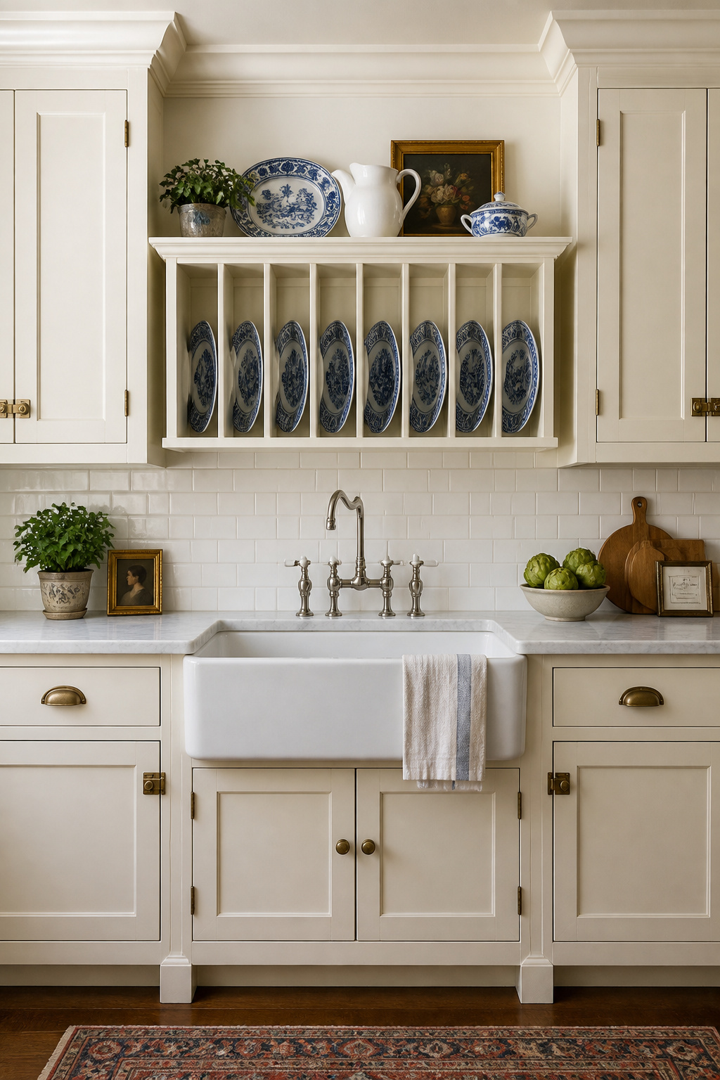A cream-painted plate rack holding a collection of blue-and-white transferware china above the farmhouse sink zone — functional storage transformed into the kitchen's most characterful display.