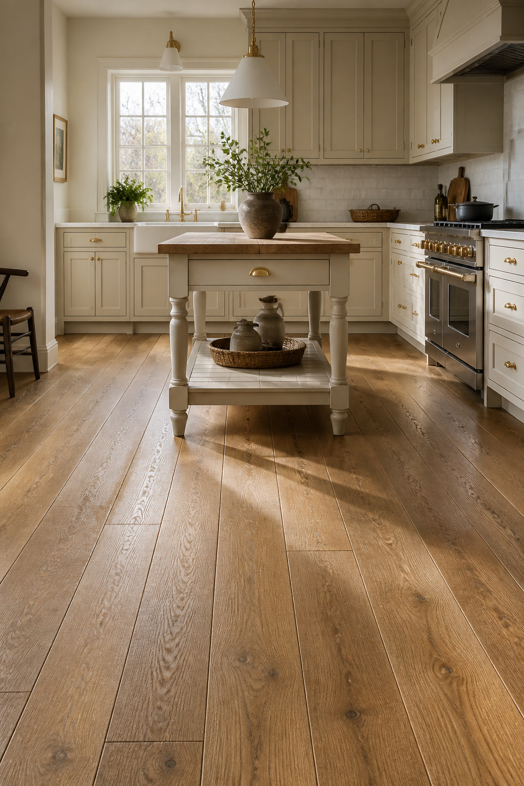 Wide-plank white oak floors with a wire-brushed oil finish ground the traditional kitchen — the pronounced grain, natural warmth, and pre-distressed surface handling daily wear with character rather than against it.