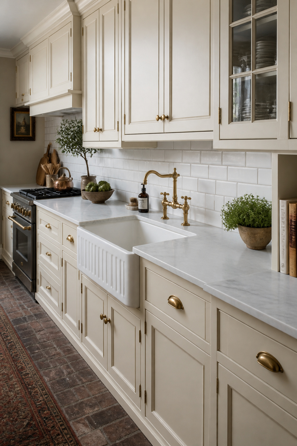 Honed Carrara marble countertops with soft gray veining bring the defining material quality of traditional kitchen design — matte, slightly worn-in, and better after years of use.