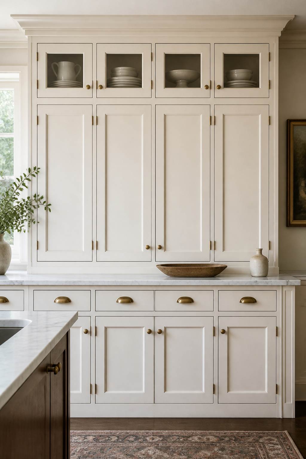Inset cream raised-panel cabinet doors with exposed aged brass butt hinges — the construction detail that most clearly distinguishes a furniture-quality kitchen from a renovation product.