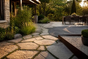 A layered outdoor patio showcasing multiple natural stone surfaces — flagstone with creeping thyme joints, composite decking, and travertine — demonstrating how material zoning transforms an outdoor space.