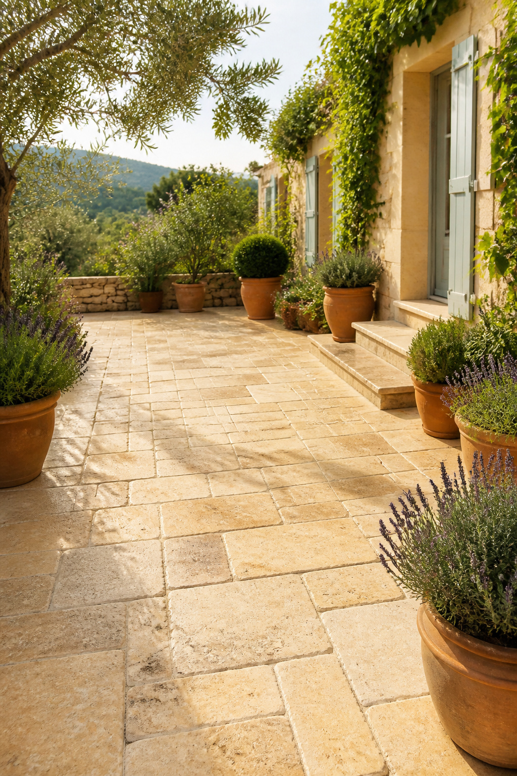 Tumbled travertine patio in warm ivory and gold tones, surrounded by Mediterranean planting and terracotta — a sun-soaked outdoor patio idea for warm-palette garden styles.