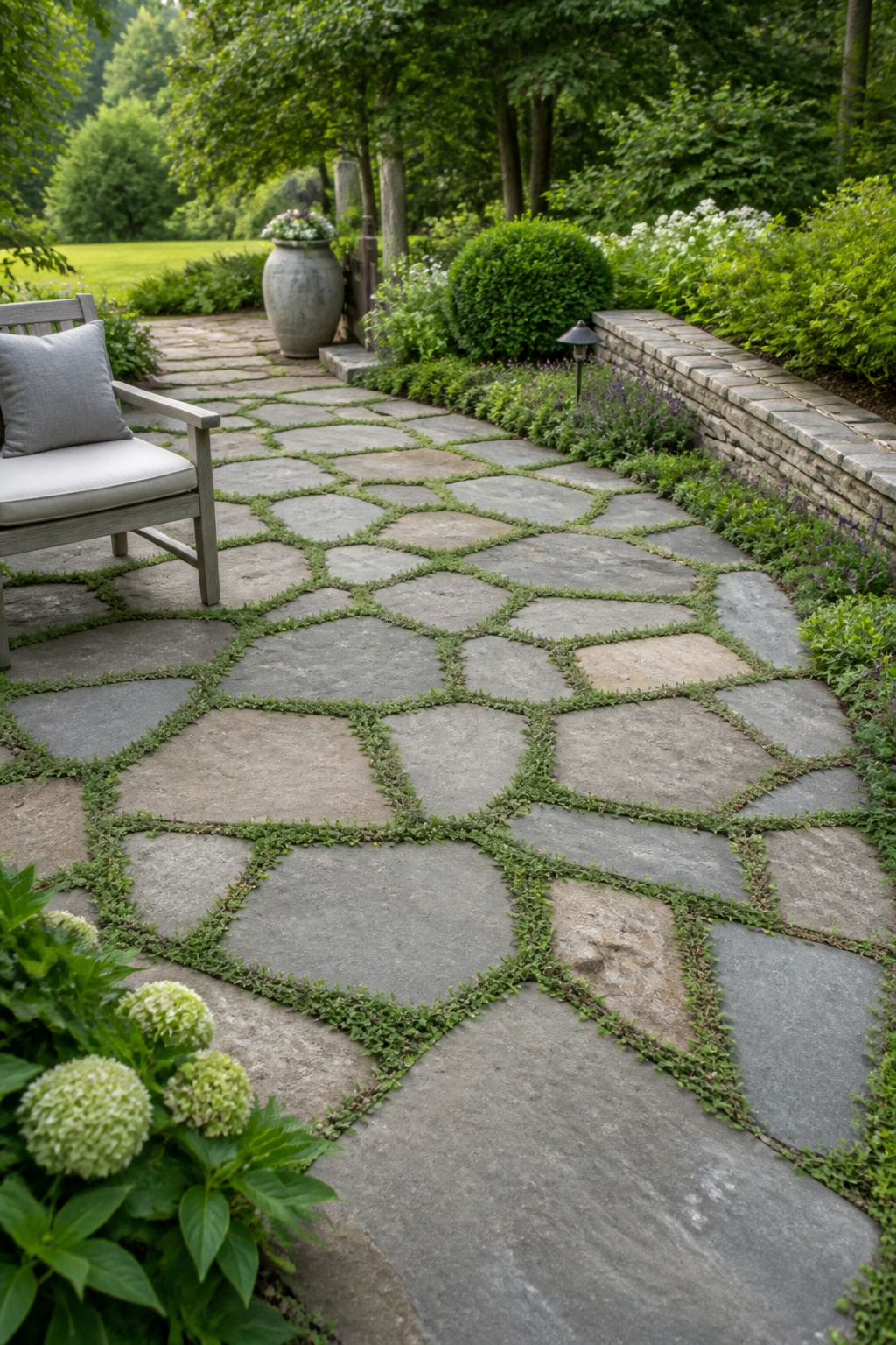 Flagstone patio with creeping thyme planted in the joints, the pink blooms and lush green mat contrasting with the irregular blue-grey stone surface.