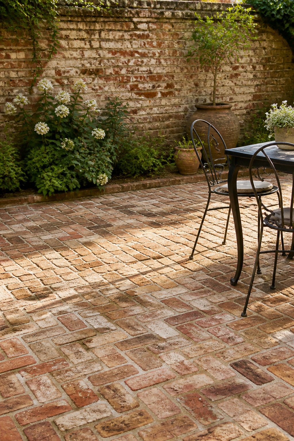 Reclaimed brick patio surface with raked mortar joints, the warm amber and buff tones creating an aged, artisan quality unique to genuinely salvaged material.