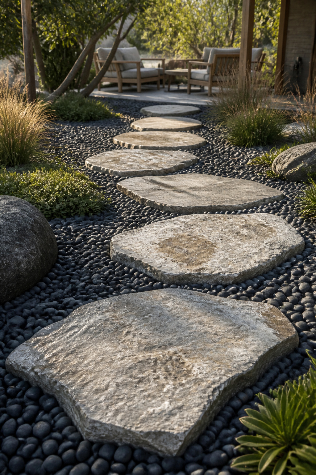Quartzite stepping stones in warm buff-grey set into dark Mexican beach pebbles, the crystalline stone surface and rounded pebble ground creating a naturally composed outdoor flow.