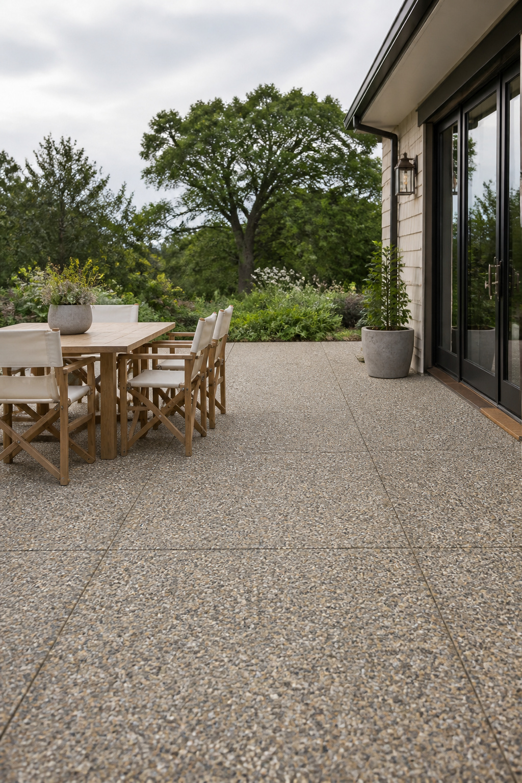 Exposed aggregate concrete patio with warm grey pea gravel surface, the natural stone aggregate providing built-in texture and non-slip performance outdoors.