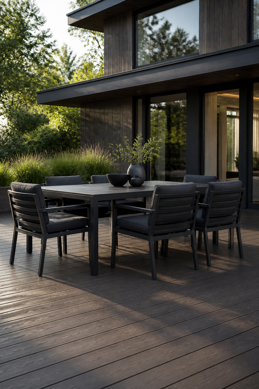 Charcoal composite decking paired with powder-coated steel dining furniture, the dark material pairing creating a contemporary outdoor living space with restrained elegance.