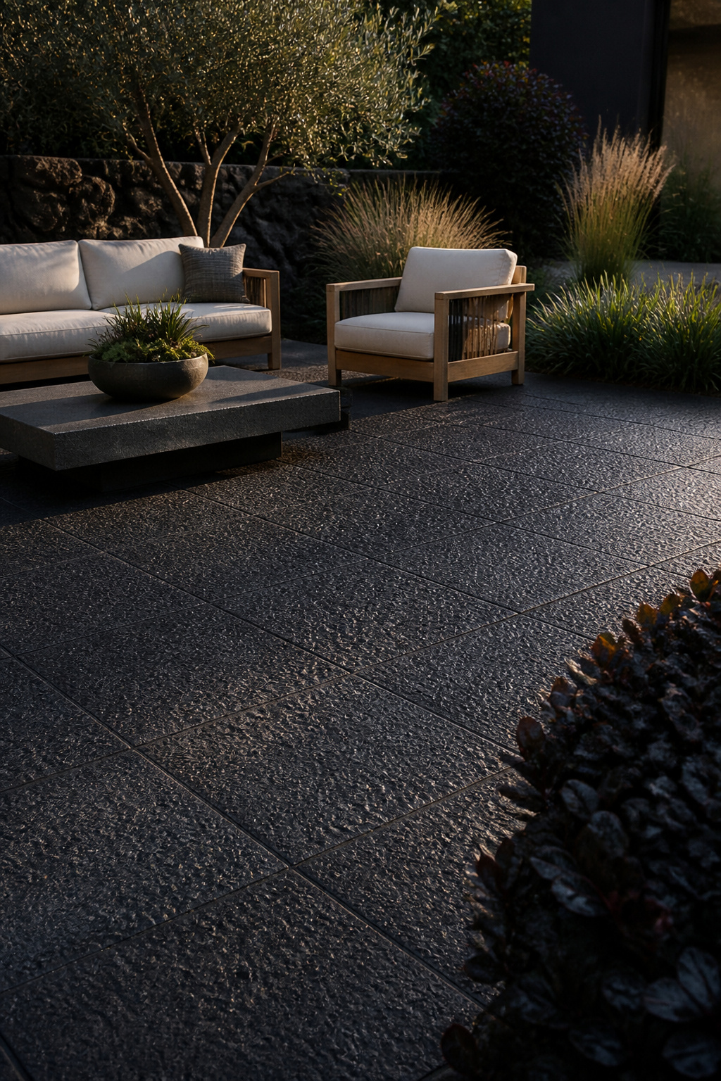 Bush-hammered basalt lava stone patio in deep charcoal-black, the volcanic texture catching afternoon light to create an outdoor surface with geological depth and material authority.
