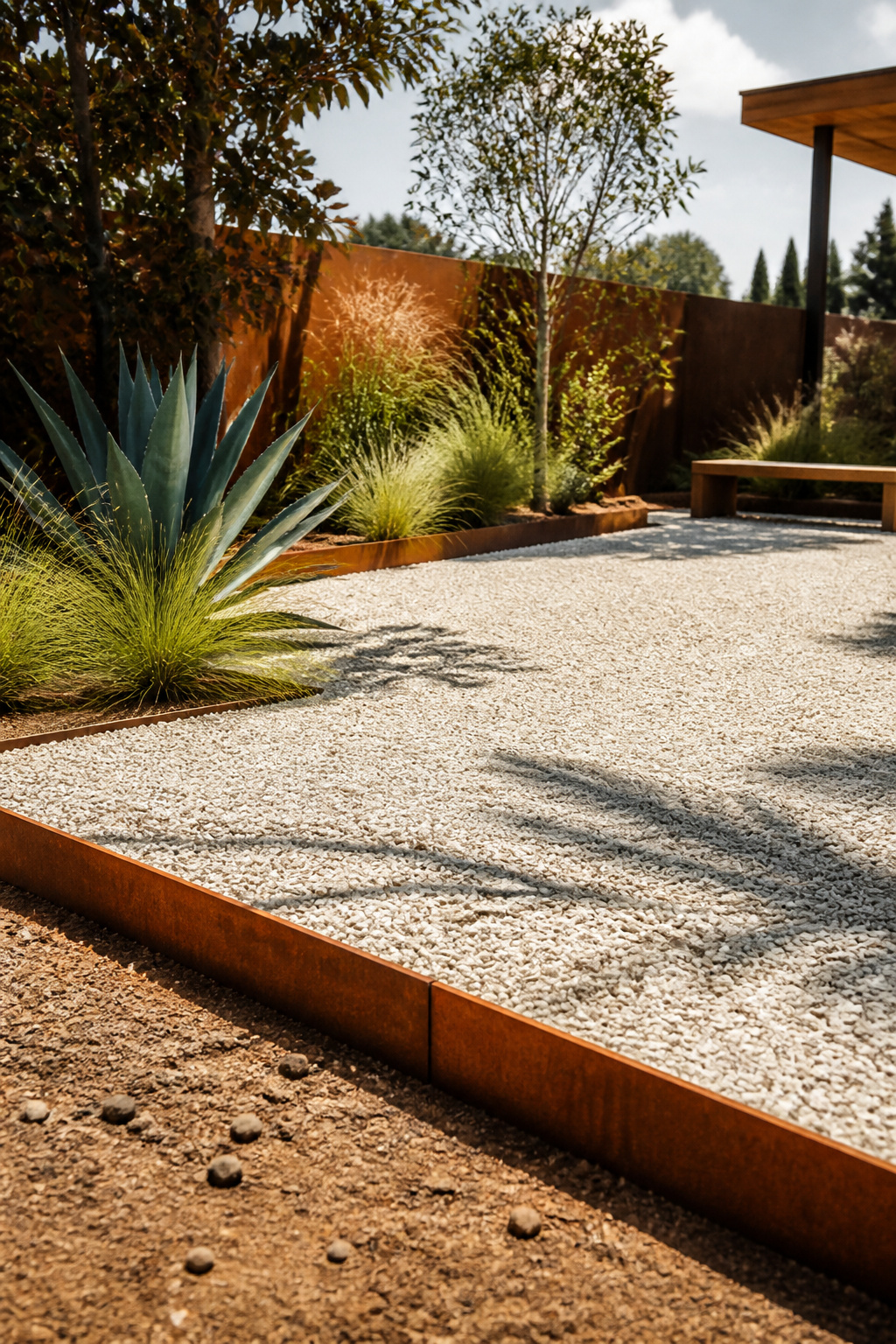 Corten steel landscape edging in weathered orange-rust containing pale white crushed limestone — the elemental material contrast defining a bold outdoor patio zone.