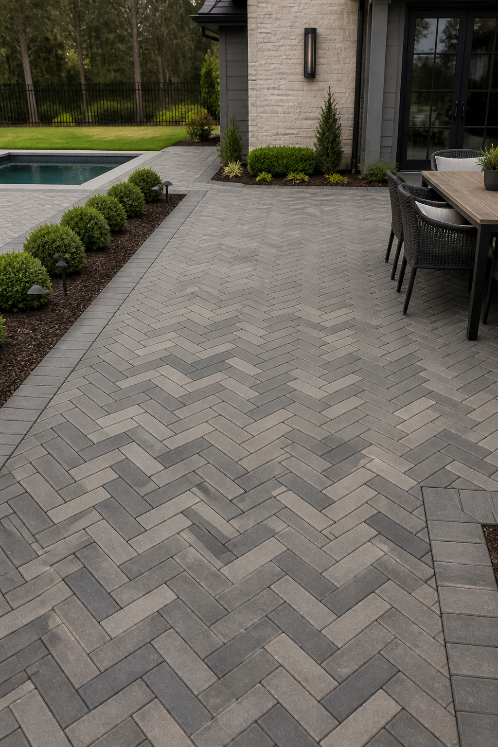 Herringbone concrete paver patio in mixed warm-grey and charcoal tones, the 45-degree pattern creating directional energy across the outdoor surface.