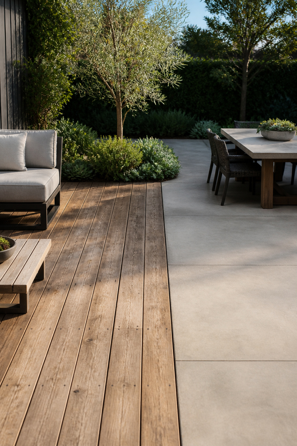 Reclaimed teak decking boards transitioning cleanly to a light grey concrete patio — the warm-organic and cool-industrial material pairing defining separate outdoor zones.