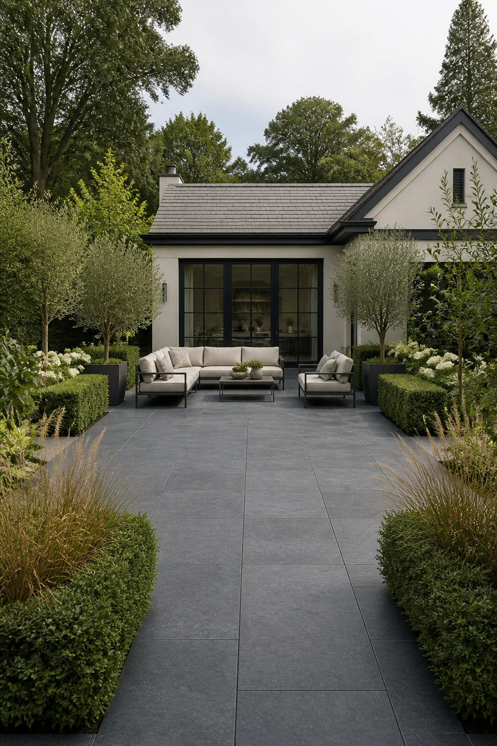 Large-format thermal bluestone patio in deep charcoal grey, paired with clipped hedging and powder-coated furniture for a sophisticated contemporary outdoor living space.