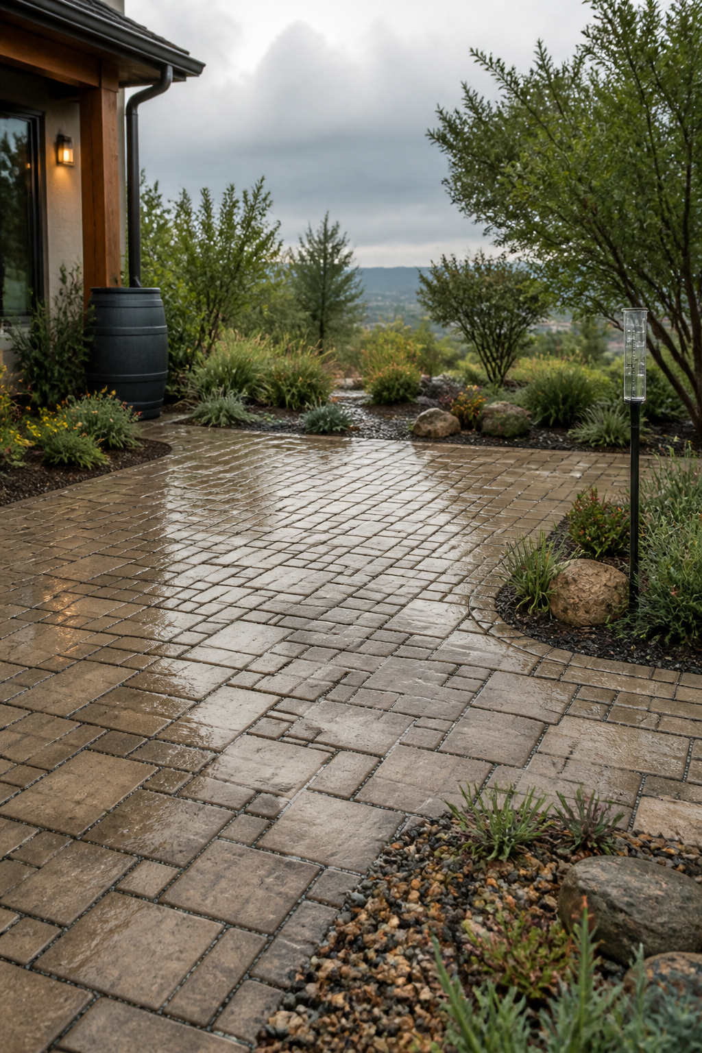 Permeable interlocking concrete pavers allowing rainwater to drain immediately through angular aggregate joints, eliminating puddles and reducing stormwater runoff in a residential garden patio.