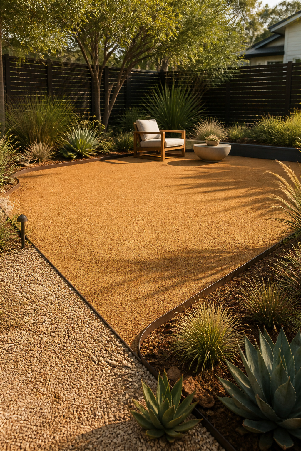 Stabilised decomposed granite patio in warm gold tones, contained by black steel landscape edging and surrounded by drought-tolerant architectural planting.