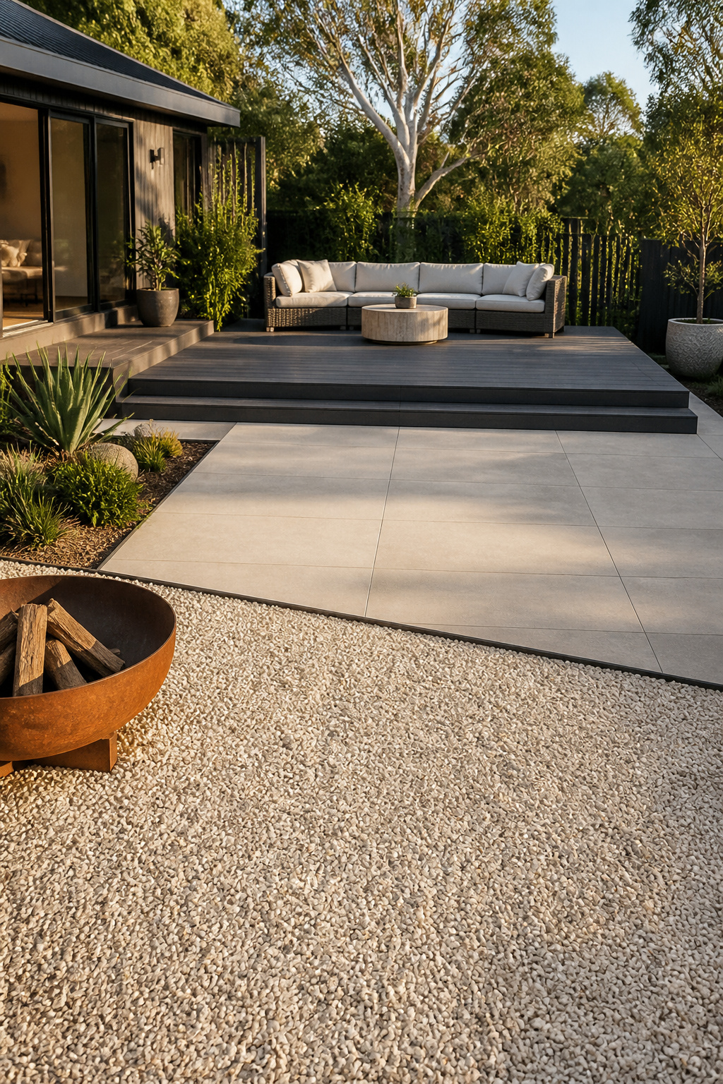 Multi-zone outdoor patio combining pale limestone gravel, large-format concrete pavers, and raised charcoal composite decking, each material zone defining a distinct outdoor living area.