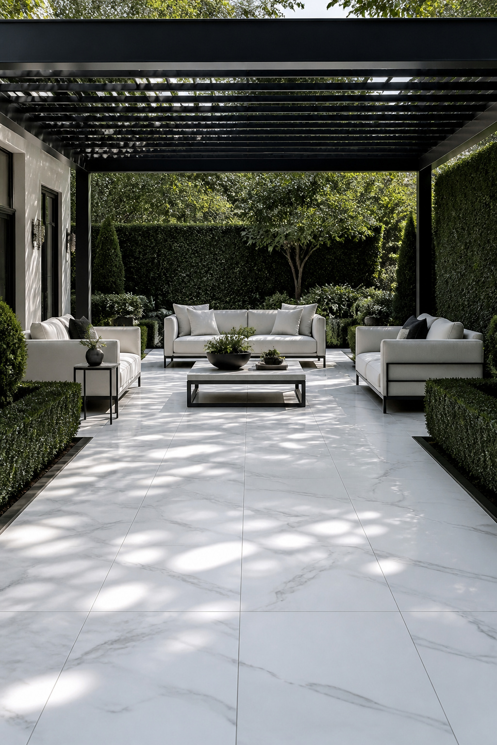 Large-format marble-look porcelain pavers in Calacatta white with grey veining, creating an elevated outdoor patio with the aesthetics of natural marble and none of its outdoor limitations.