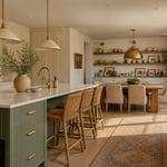 Kitchen interior furniture works as a collection, not a set — the conversation between the fluted island, the reclaimed dining table, and the floating shelves is what makes the room feel designed rather than assembled.
