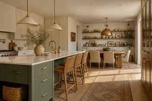 Kitchen interior furniture works as a collection, not a set — the conversation between the fluted island, the reclaimed dining table, and the floating shelves is what makes the room feel designed rather than assembled.