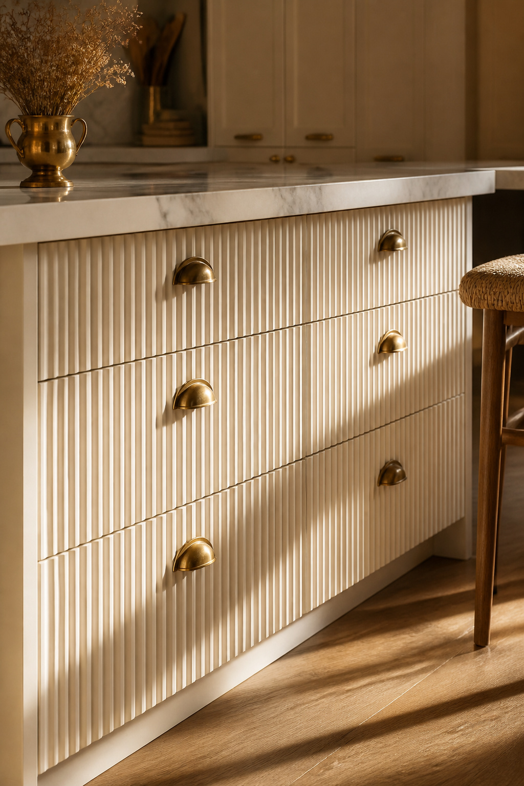 Router-cut fluting creates parallel shadow lines that shift with the light throughout the day — the visual texture that reads as custom at a fraction of bespoke carved cabinetry.