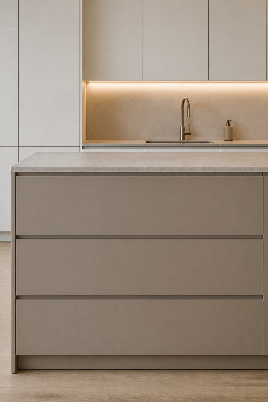 The handle-free island amplifies every precision detail in the kitchen — uneven reveals or inconsistent gaps that hardware would mask become the primary visual element.