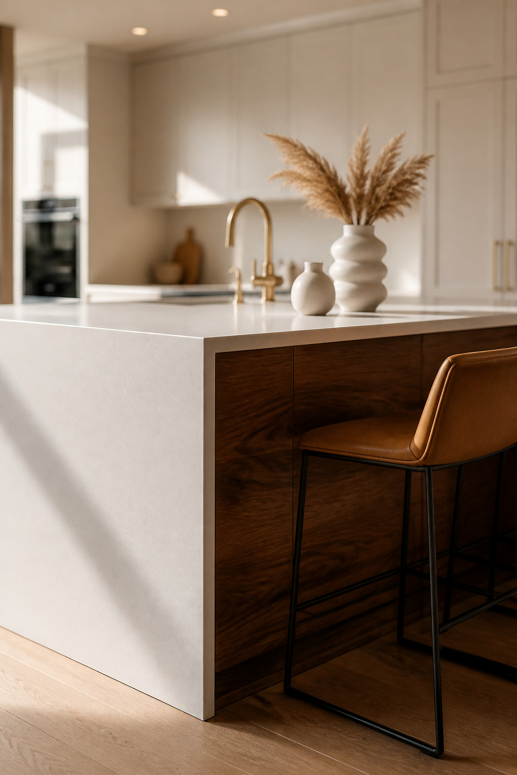 A waterfall-edge quartz island over a walnut base is one of the most material-forward statements a kitchen can make — the cool engineered surface and warm, grain-rich wood amplify each other by contrast.