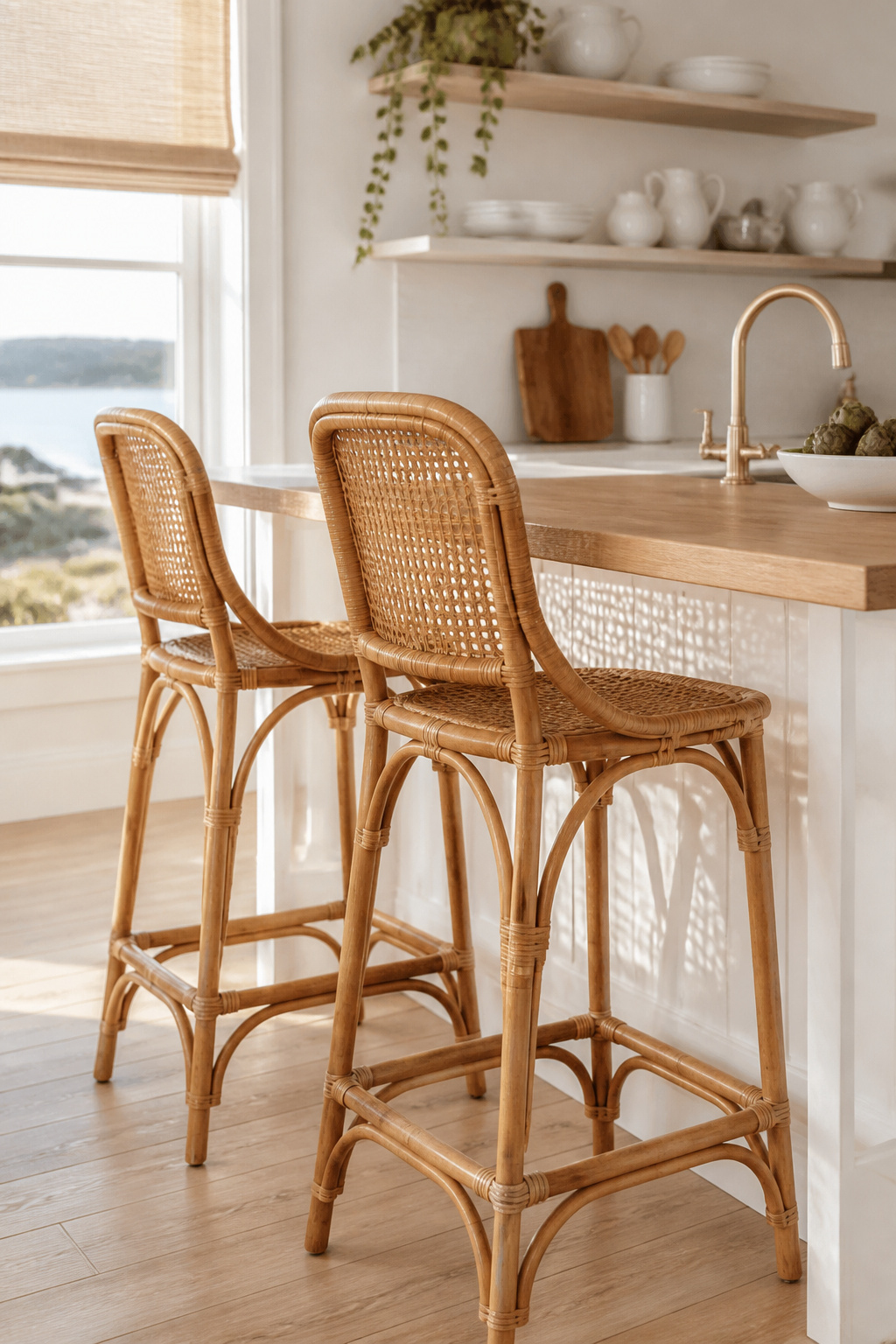 Natural rattan's warm honey tones shift in meaning depending on context — in a darker, earthier kitchen, the same stool reads as artisan rather than coastal.