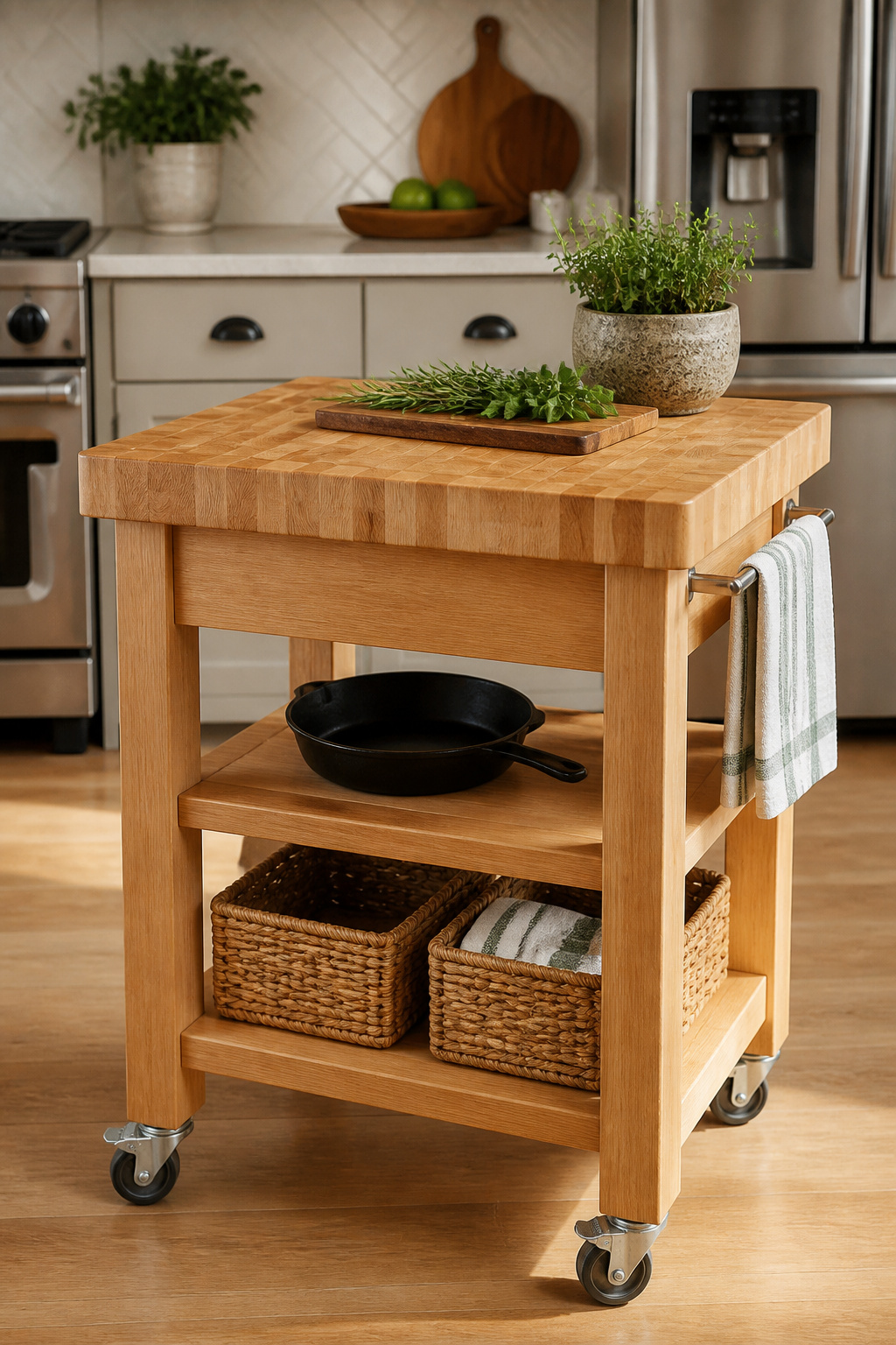 End-grain maple develops a self-healing surface with use — the cross-sectional wood fibers absorb knife marks rather than accumulating them across the surface.