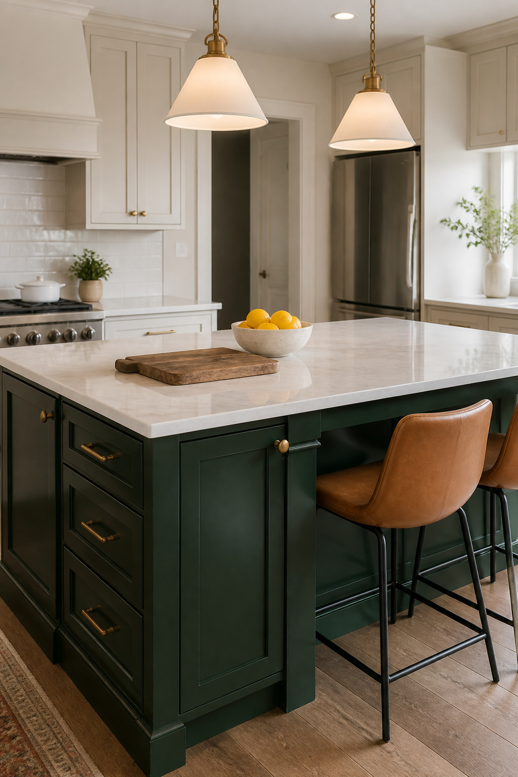 A forest green island base creates a visual anchor at the kitchen's centre — the white quartz horizon line between the dark base and the lighter upper space is the detail that makes two-tone work.