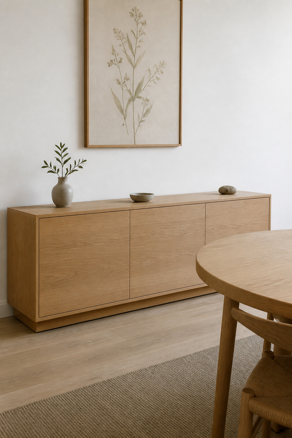 A Japandi sideboard at 30–32 inches anchors the dining zone's visual boundary without obstructing sight lines — the top surface serves as a serving buffer that keeps cooking and dining spatially distinct.
