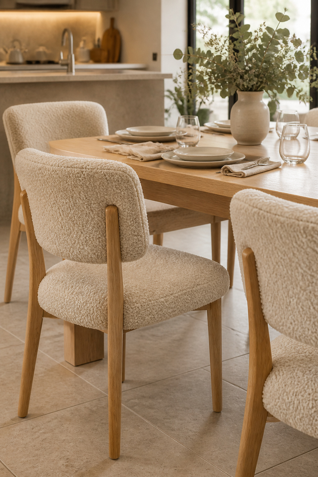Boucle's looped yarn structure absorbs both visual and acoustic energy — four upholstered dining chairs measurably reduce the reverberation in a hard-surface kitchen.