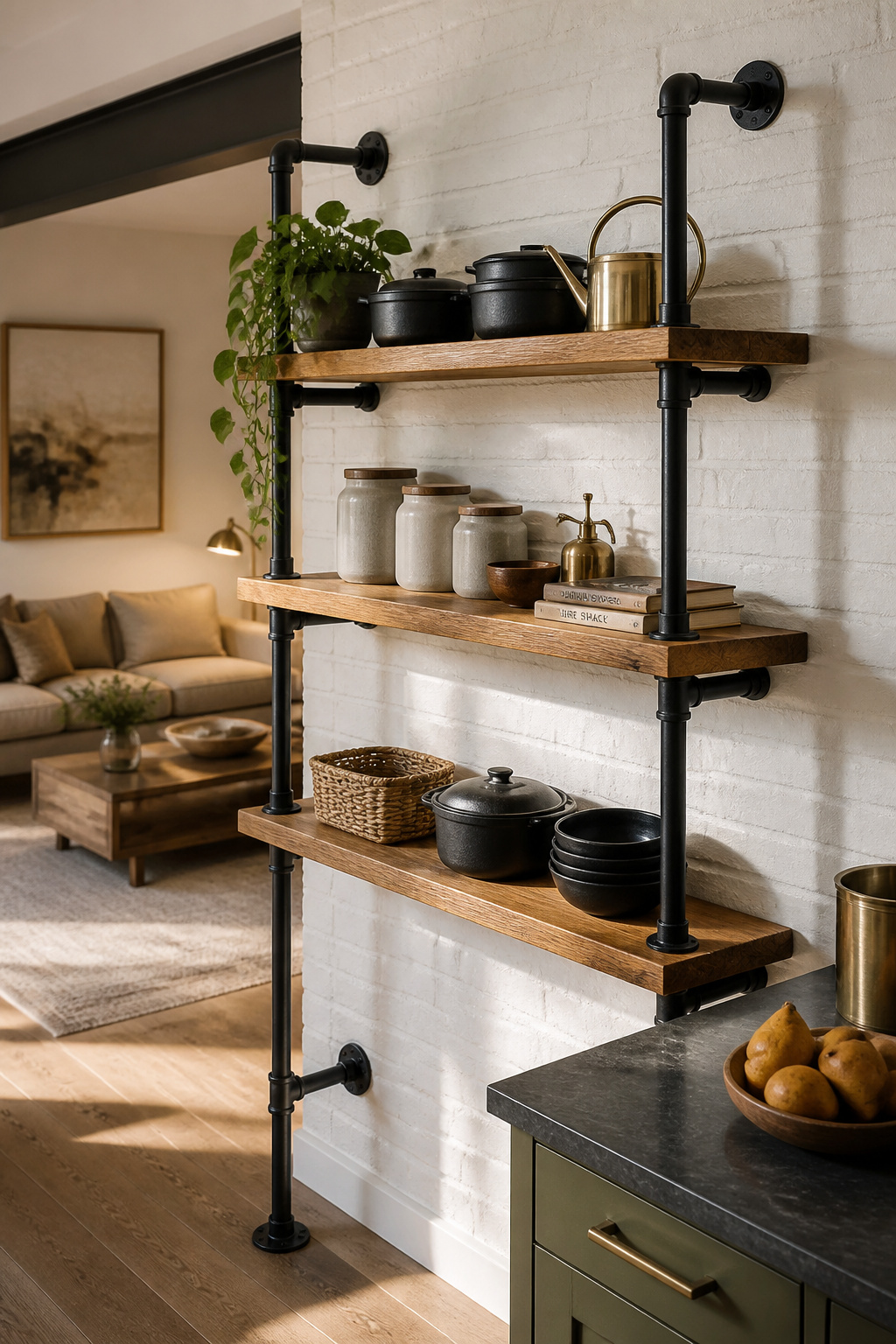 3/4 inch black iron pipe mounted into studs supports 44–66 lbs per shelf — genuinely industrial construction paired with white oak planks that soften the material contrast.
