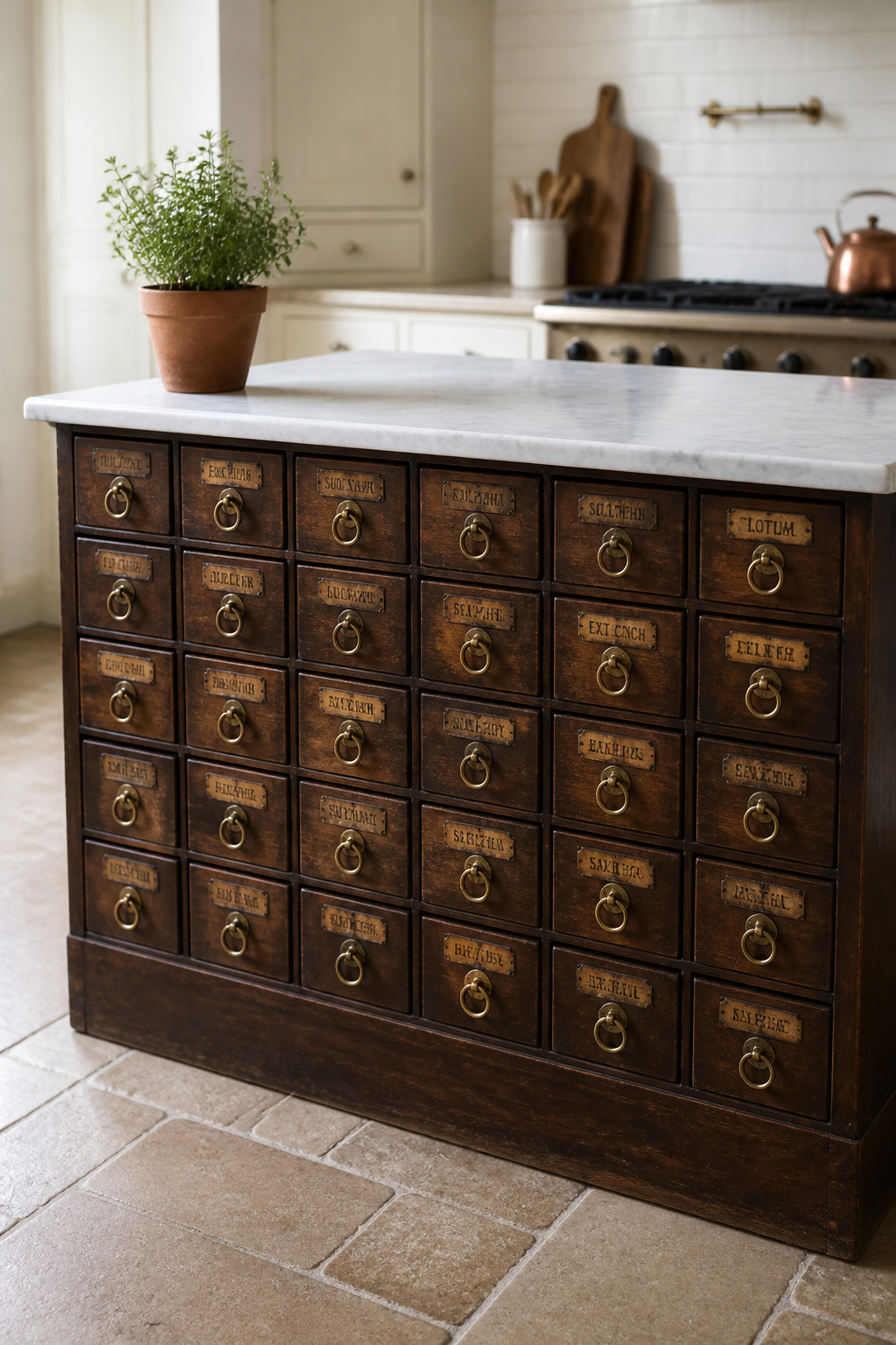 Original apothecary cabinet hardware — cast brass ring pulls and worn hand-lettered labels — carries the material authenticity that no reproduction can replicate in a repurposed kitchen island.