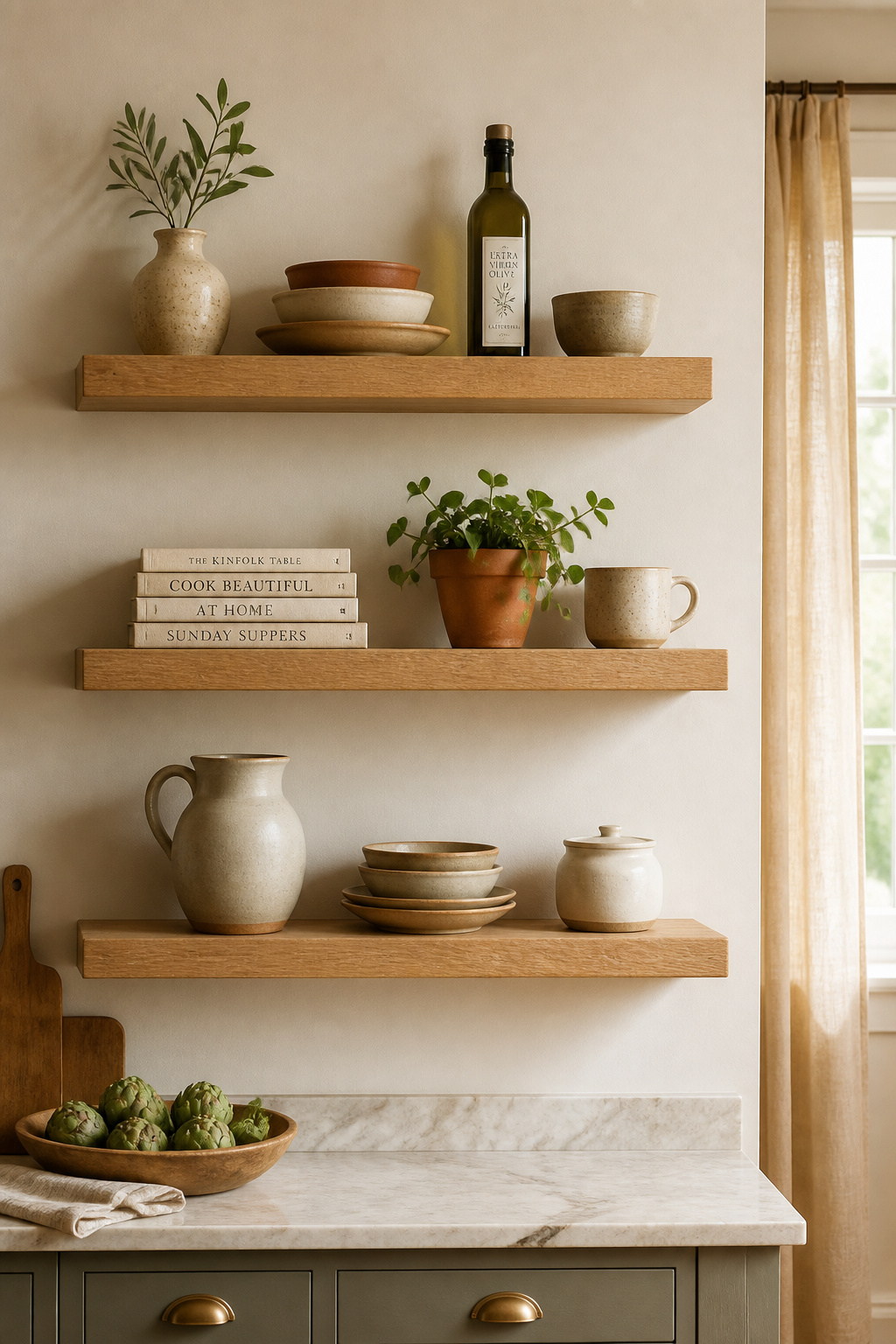 White oak floating shelves display styled objects and material character simultaneously — the ray-fleck grain makes even a sparse arrangement look intentional.