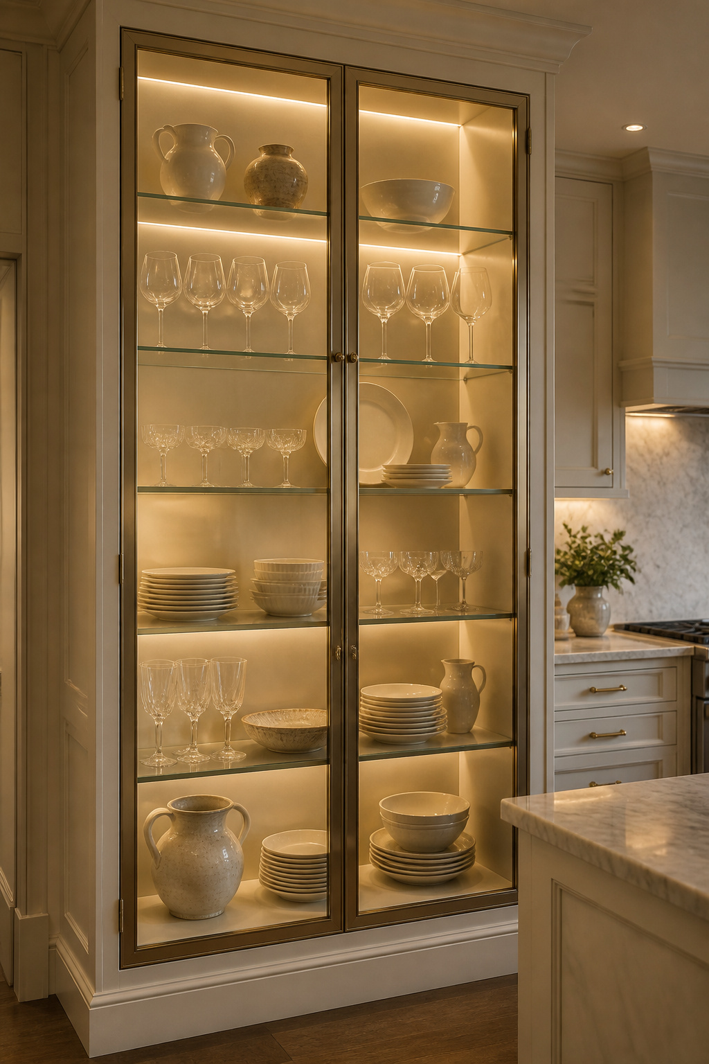 Interior LED strip lighting at 3000K renders glassware as crystal-clear and ceramics with a soft warmth — the colour temperature is the hidden variable in a glass-front display cabinet.