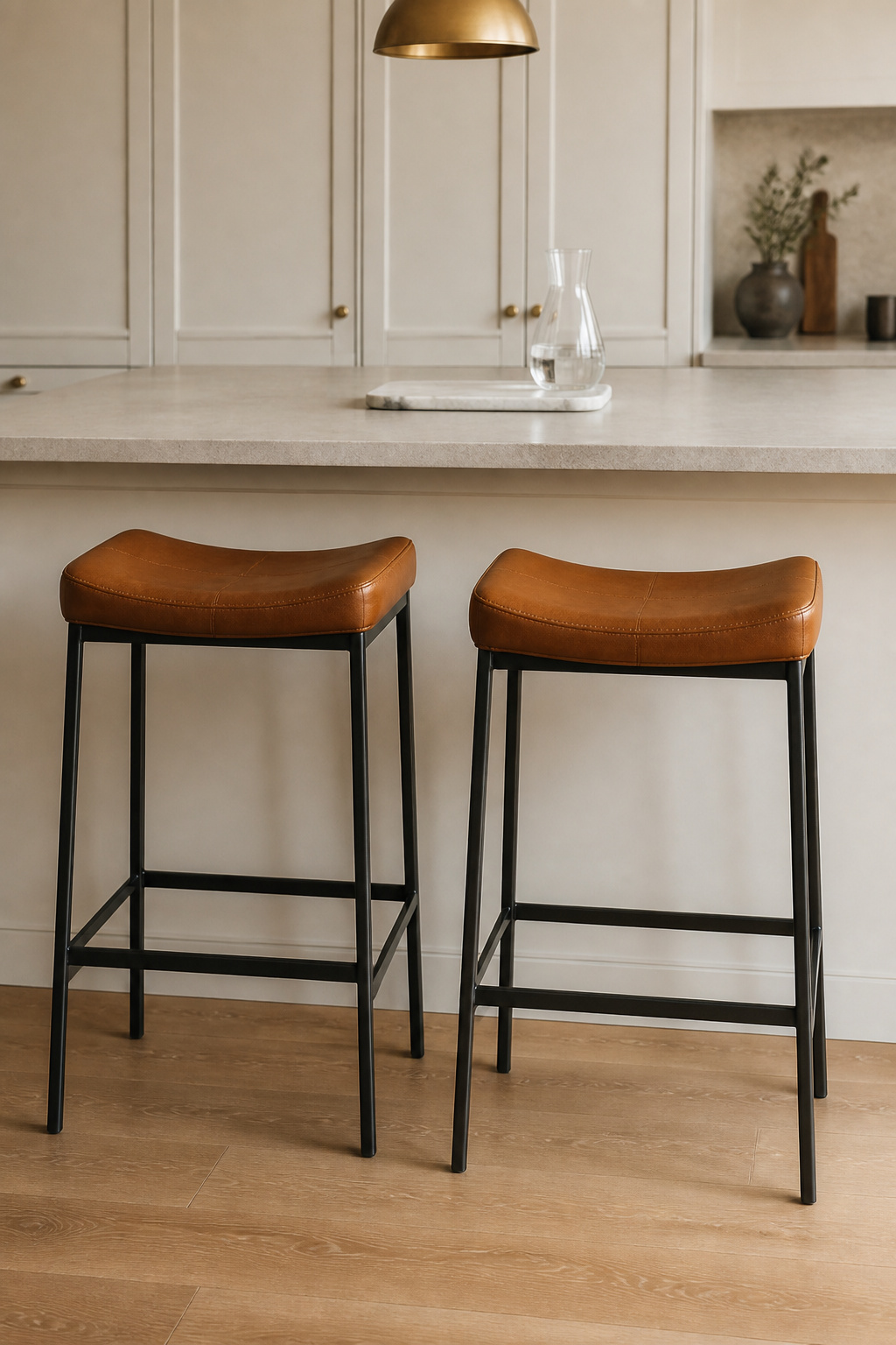 Top-grain leather on blackened steel frames creates seating that improves with age — the cognac patina deepens, the steel oxidation grows more complex.