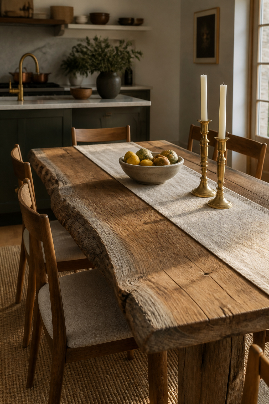 A live-edge reclaimed oak table carries decades of character no new wood can replicate — grain complexity, patina, and structural stability earned through time.
