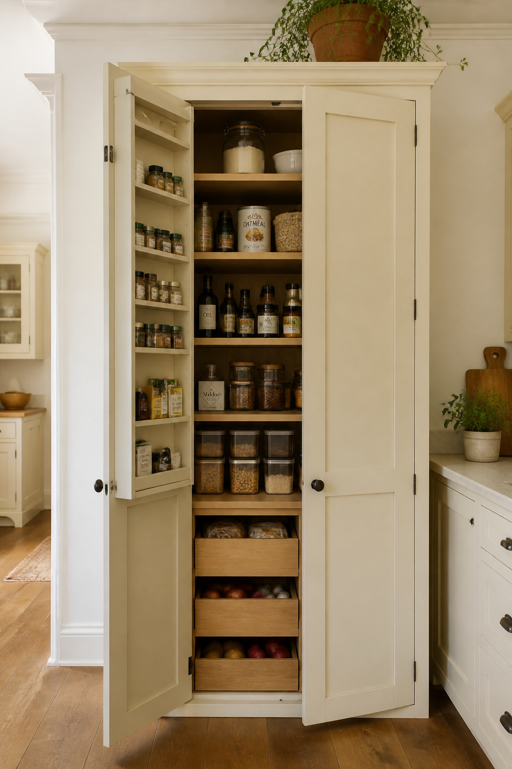 The Shaker door style's five-piece proportional logic has survived 250 years of kitchen design trends — the freestanding version brings that permanence without the builder's invoice.