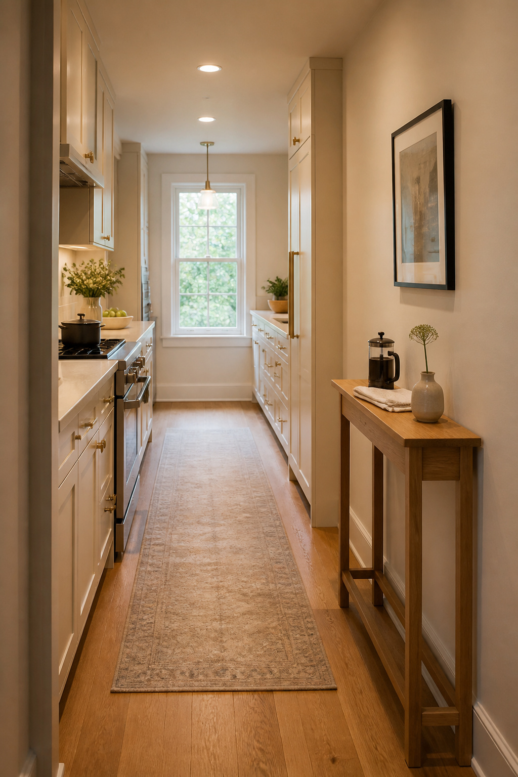 A 12-inch console table creates a distinct visual zone in a galley kitchen — a designated coffee station or staging surface that the main counter run cannot provide.