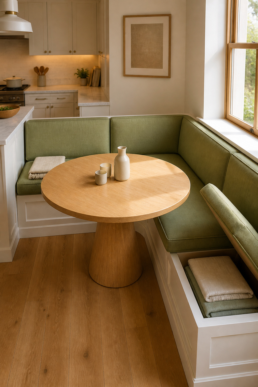 A built-in corner banquette turns a kitchen dining nook into the most social corner of the room — lift-up seat storage recovers the floor space that chairs would need for push-back clearance.