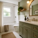 The full result of a budget bathroom remodel built on material substitution rather than demolition — paint, beadboard, a teak shelf, and a curved rod do more combined than any single expensive fixture replacement.