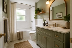 The full result of a budget bathroom remodel built on material substitution rather than demolition — paint, beadboard, a teak shelf, and a curved rod do more combined than any single expensive fixture replacement.