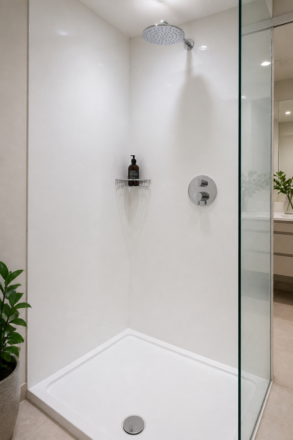 Prefab solid surface panels eliminate grout permanently — installation takes one day versus one to two weeks for tile, and there's no future regrouting cost to factor into the budget bathroom remodel math.