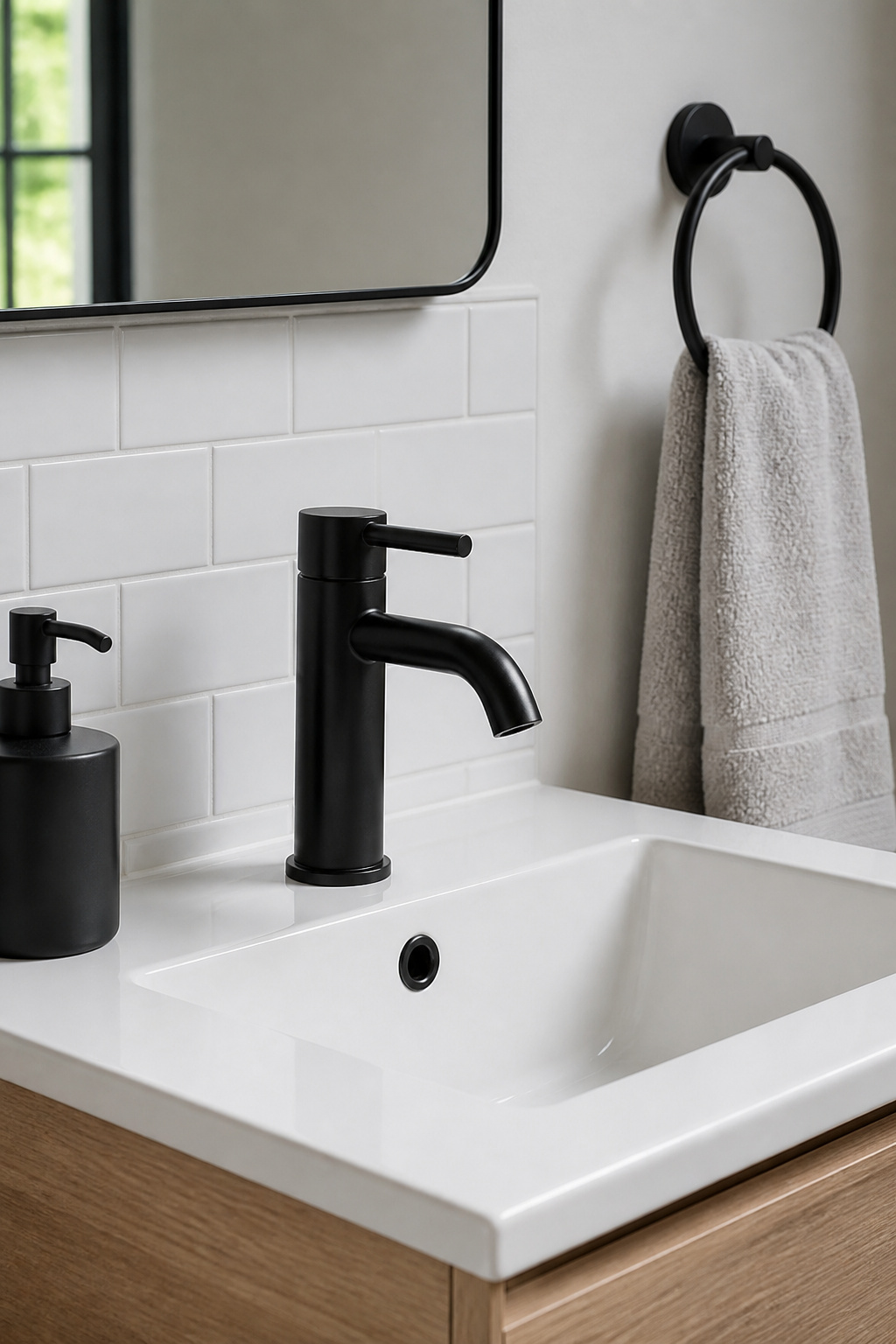 A matching matte black faucet and towel bar set creates finish cohesion that reads as intentional — the hardware change does as much design work as paint in a budget bathroom remodel.