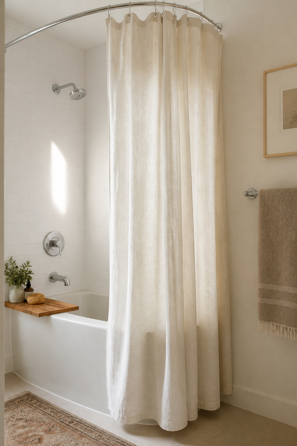 A curved rod and linen-look curtain is the shower upgrade that most closely replicates the hotel bathroom feel — the arc of the rod does as much design work as the fabric choice.