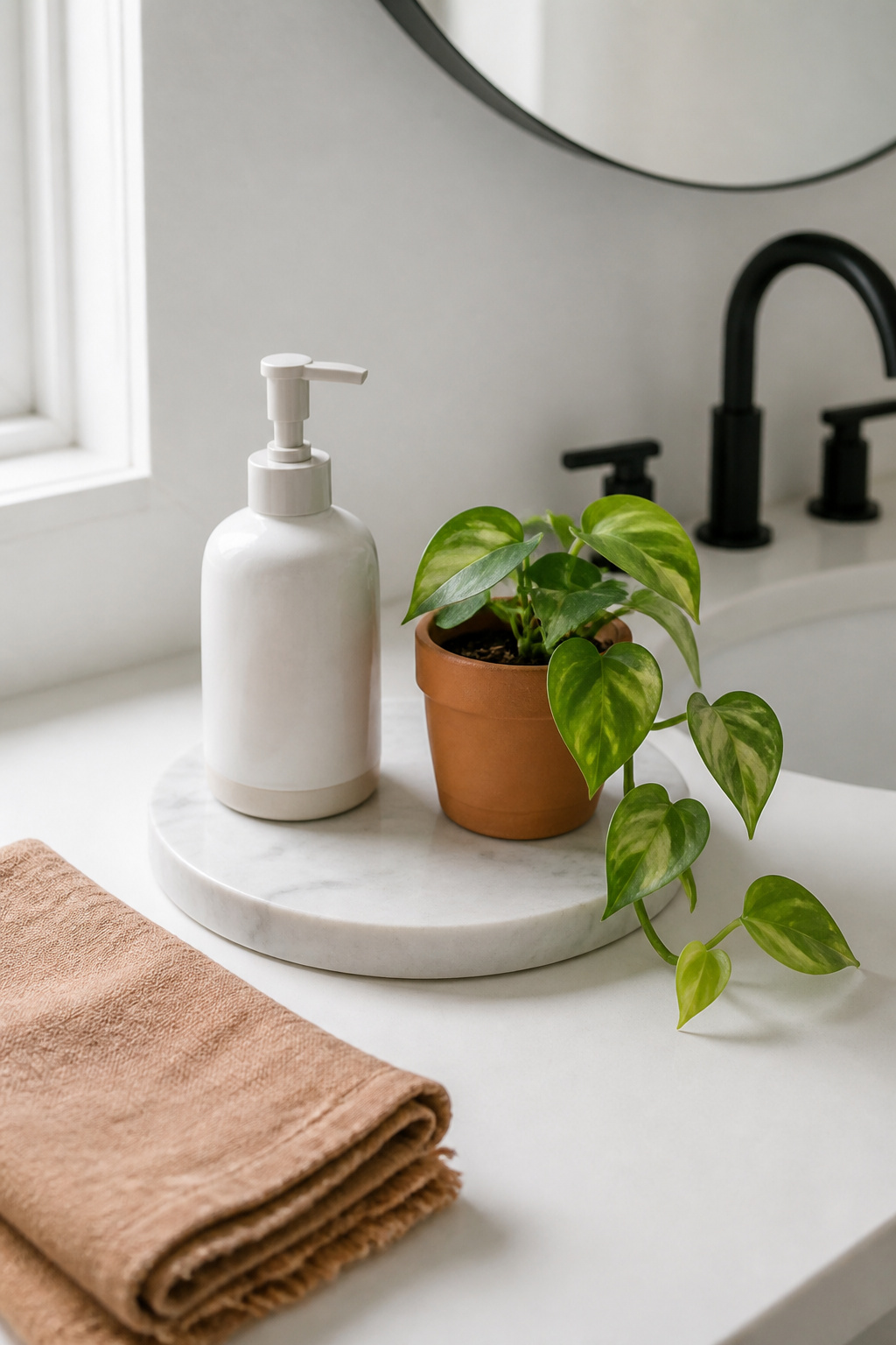 The foundational four — tray, dispenser, plant, textile — create the countertop cohesion that makes any budget bathroom remodel look considered rather than assembled.