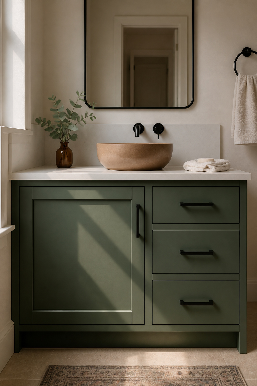 A bonding primer, alkyd enamel, and $30 in new hardware converts a builder-grade vanity into a piece that looks custom.