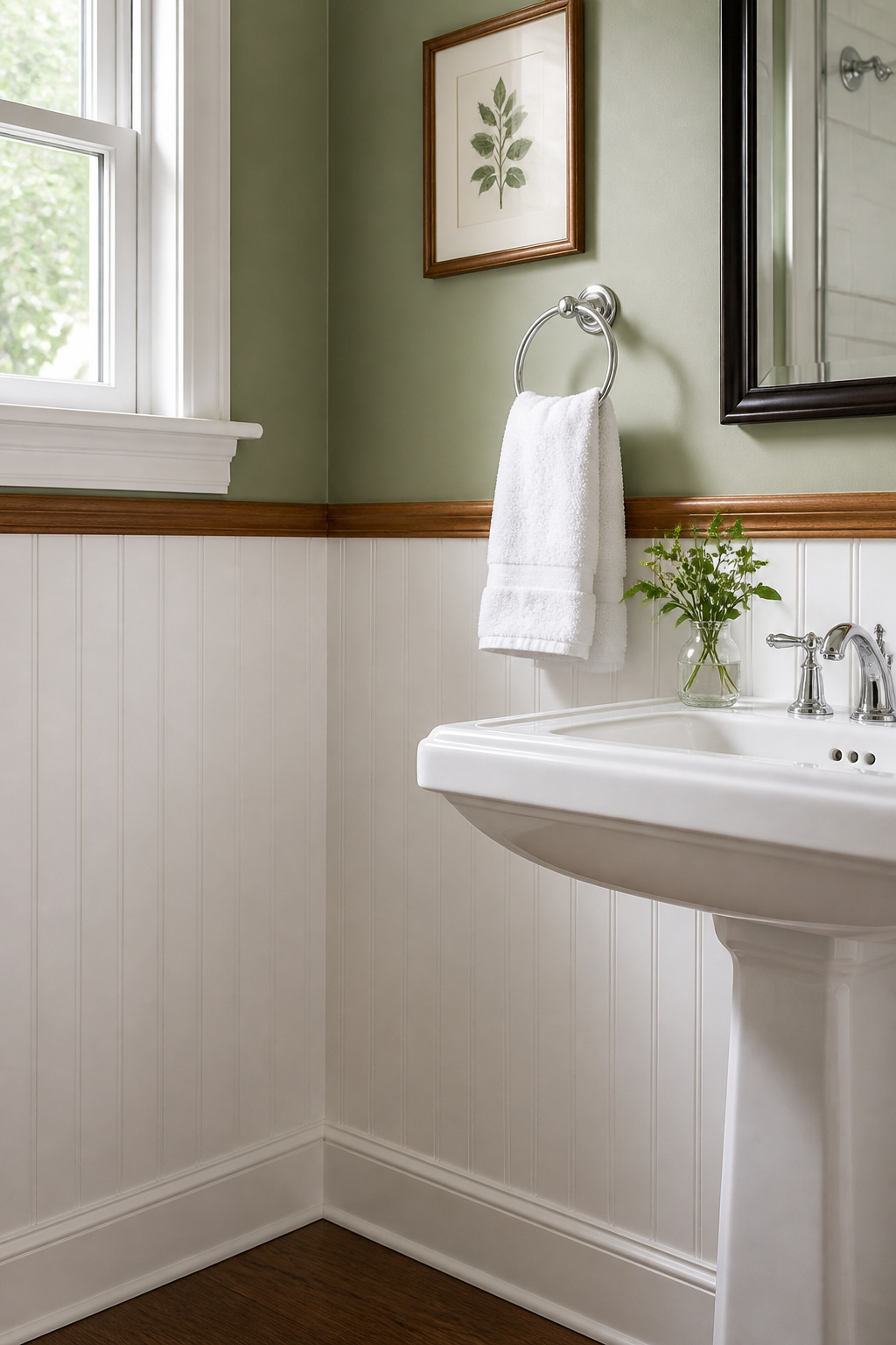 PVC beadboard below a chair rail adds architectural detail that reads as designed rather than renovated — and unlike wood MDF, PVC holds in bathroom humidity without swelling at cut edges.